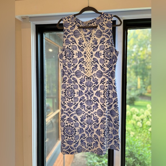 NWOT Sunset & Sweet Tea Blue & White Ocean Print Dress Size L - Picture 1 of 7